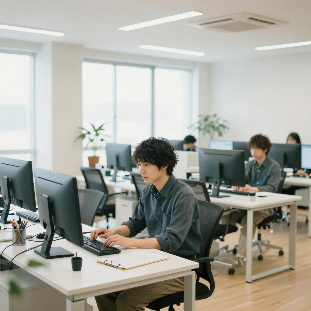 A modern workspace with designers collaborating on website layouts.